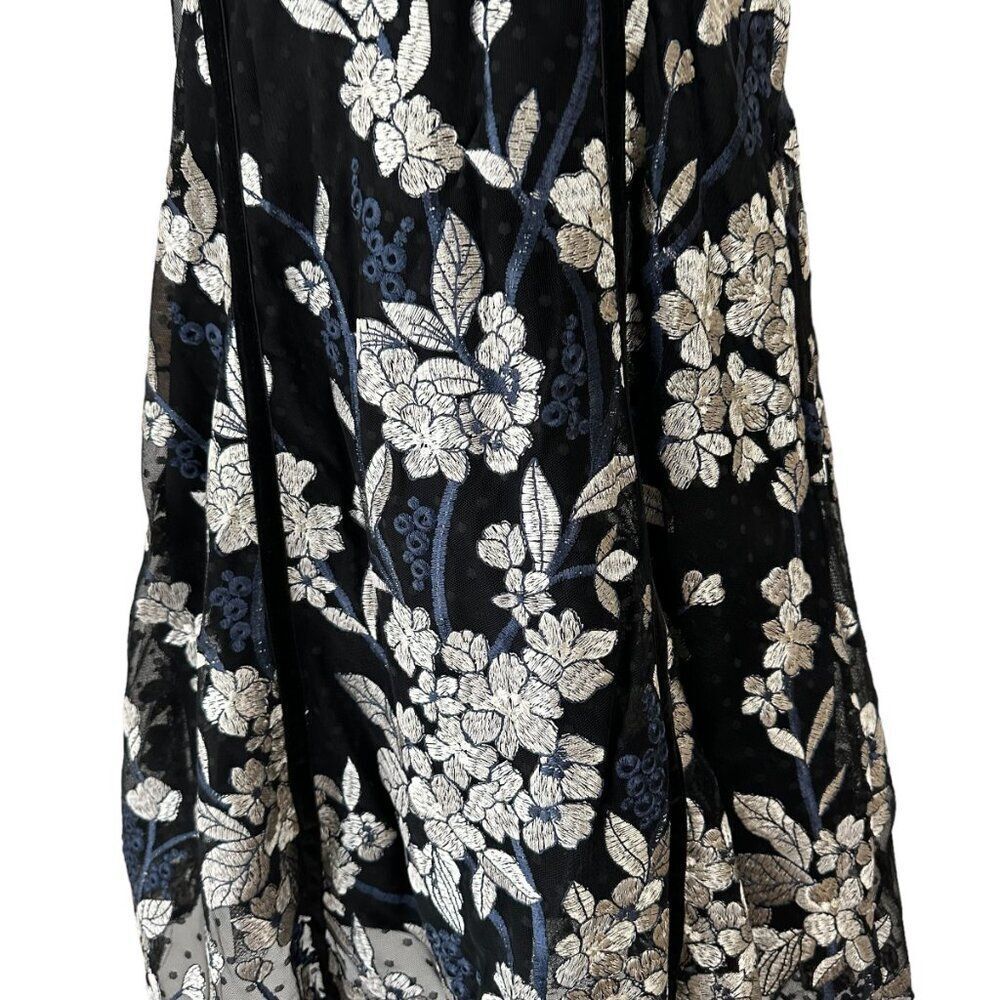 Lulus Black Floral Embroidered Midi Dress L Silver Tulle Bottom Stunning - Picture 5 of 13